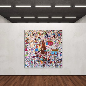 Unique Otomi Wall Hanging - Master Piece Mexican Cotton Tapestry - story Telling Embroidery