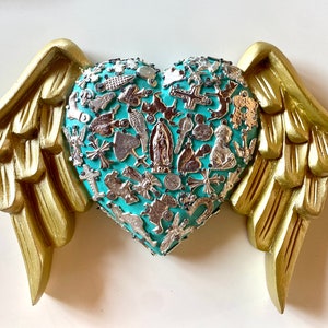 Handcrafted and carved Wooden Hearts with Wings and Metal Miracles – Unique Mexican Home Decor