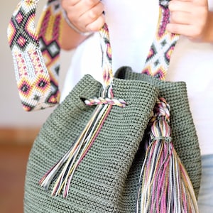 Summer Tote, Olive Green and multicolor earth fall colors Boho Basket / Handbag with tassels / with indigenous pattern Macramé strap