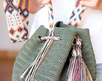 Summer Tote, Olive Green and multicolor earth fall colors Boho Basket / Handbag with tassels / with indigenous pattern Macramé strap