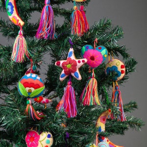 Mexican Handmade Christmas Tree Ornaments,  Traditional Mexican Holiday Decor, Embroidered Ornaments, reusable