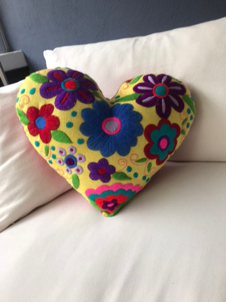 NEW Hand embroidered Heart Pillow / Mexican Embroidered Pillow Etsy