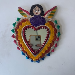 Mexican Tin Sacred Heart with Mirror - Hand-Painted Folk Art Ornament