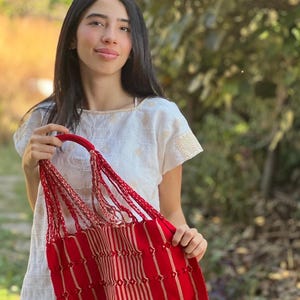 Red handwoven Mexican Tote Bag