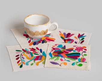 Set of 8 Hand-embroidered Otomi Coasters: Mexican Home Decor, Wedding Favors