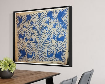 May include: Framed artwork featuring a blue and white folk art design with stylized birds, deer, and floral motifs.