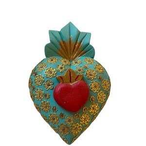 Mexicaanse religieuze kunst, Milagros Heart, Excot, Corazón de madera con milagros, decor Mexicaanse volkskunst, volkskunst, heilige kunst, hartdecor