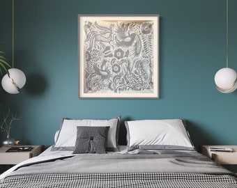 May include: A framed artwork featuring a detailed gray and white floral and bird design. The artwork is displayed above a bed with white bedding, a gray blanket, and a black and white patterned pillow. The room has teal walls and modern globe pendant lights.