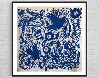 Cobalt Blue Embroidery, Mexican Wall Art, Otomi Wall Hanging, Embroidery Decor, Wall Textile Art, Tenango, MADE-TO-ORDER