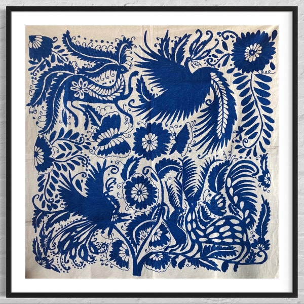 Cobalt Blue Embroidery, Mexican Wall Art, Otomi Wall Hanging, Embroidery Decor, Wall Textile Art, Tenango, MADE-TO-ORDER