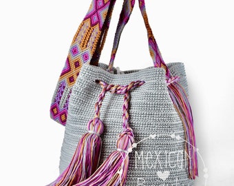 Gray with multicolor tassels / Basket bag / Boho Basket Handbag with tassels / Mexican Crochet Bag / Cross body bag / Indigenous Art