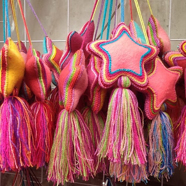Mexican Felt Stars / Hand Embroidered Felt Hearts / Wedding Favors / Nursery Décor / Ramadan Décor