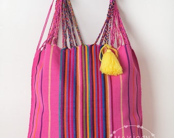 Hot pink Handbag, Canvas Rainbow Handbag, Mexican Hammock Bag, Hand woven Bag, Perfect gift for a friend