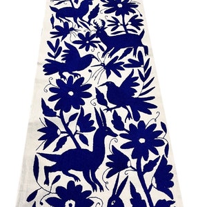 Otomi Mexican Cobalt Blue Hand Embroidered Cotton Table Runner -wedding decor