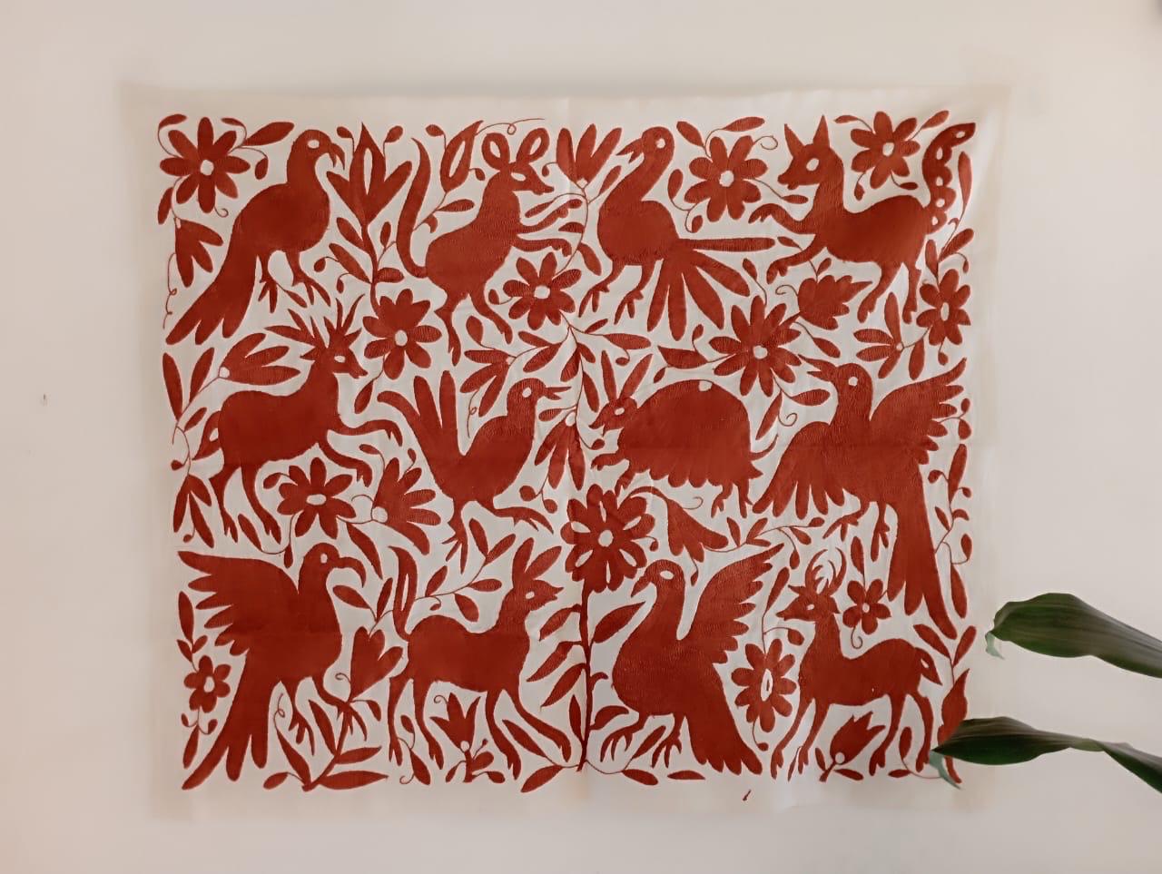 Otomi Embroidery Wall Hanging: Brick Red Tenango Decor