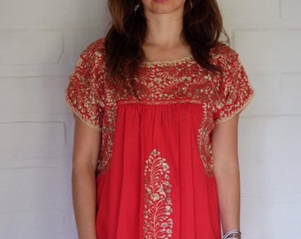 Hand Embroidered Red Mexican Huipil Dress: Frida Fiesta Style made-to-order