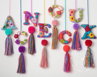 Handmade Felt Alphabet Letters Ornaments - Beautiful Floral Design with Pompoms and Tassels - For Nursery, Kids Room, and Birthday Parties!