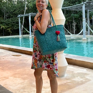 Teal Plastic Mexican Handwoven Market Bag with Pom Poms