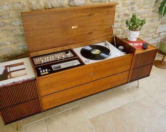 UPGRADED Vintage Teak Stereogram Radiogram Record Player - Beogram 1202 LP Record Player - New Turntable + Amplifier + Speakers