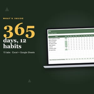 May include: A digital habit tracker displayed on a laptop screen, featuring a spreadsheet layout with columns for months and rows for daily habits. Text on the dark green background reads: WHAT'S INSIDE 365 days, 12 habits, 15 tabs - Excel + Google Sheets.