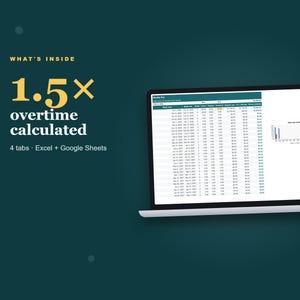 May include: A laptop screen displays a spreadsheet titled Weekly Pay with columns for dates, hours, and overtime. Text on the left reads: WHAT'S INSIDE 1.5x overtime calculated 4 tabs Excel + Google Sheets. The background is a solid dark teal color.