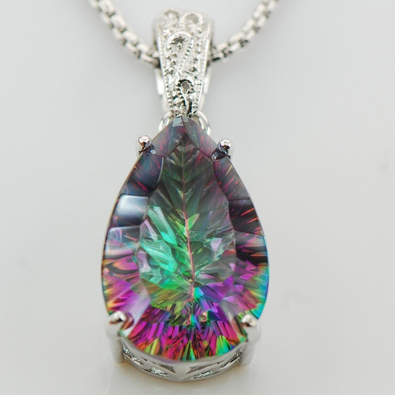 Huge Concave Cut Rainbow Crystal Zircon 925 Sterling Silver Pendant