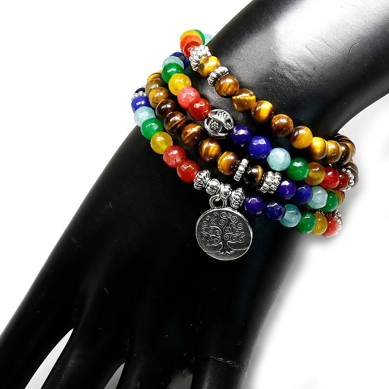 7 Chakra oeil de tigre Bracelets cadeau 108 Bouddha Cured Stone beads bracelet
