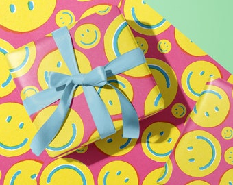 Pink Smiley Gift Wrap - Retro 90's Happy Face Pattern Wrapping Paper