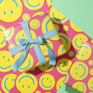 Pink Smiley Gift Wrap - Retro 90's Happy Face Pattern Wrapping Paper