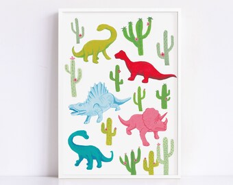 PRINTABLE -  Brightly coloured Dinosaurs - Colourful Wall Art - Digital Download Nursery Kids Room Decor - PDF