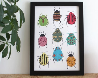 PRINTABLE - Colourful Beetle Bugs - A4 Wall Art - Kids room decor - Digital Download - PDF