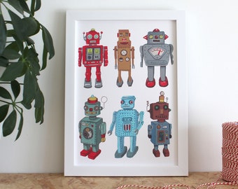 May include: A white framed print featuring a collection of six vintage robots in various colors, including red, blue, green, and gray. The robots have different designs and features, including antennas, gears, and lights.