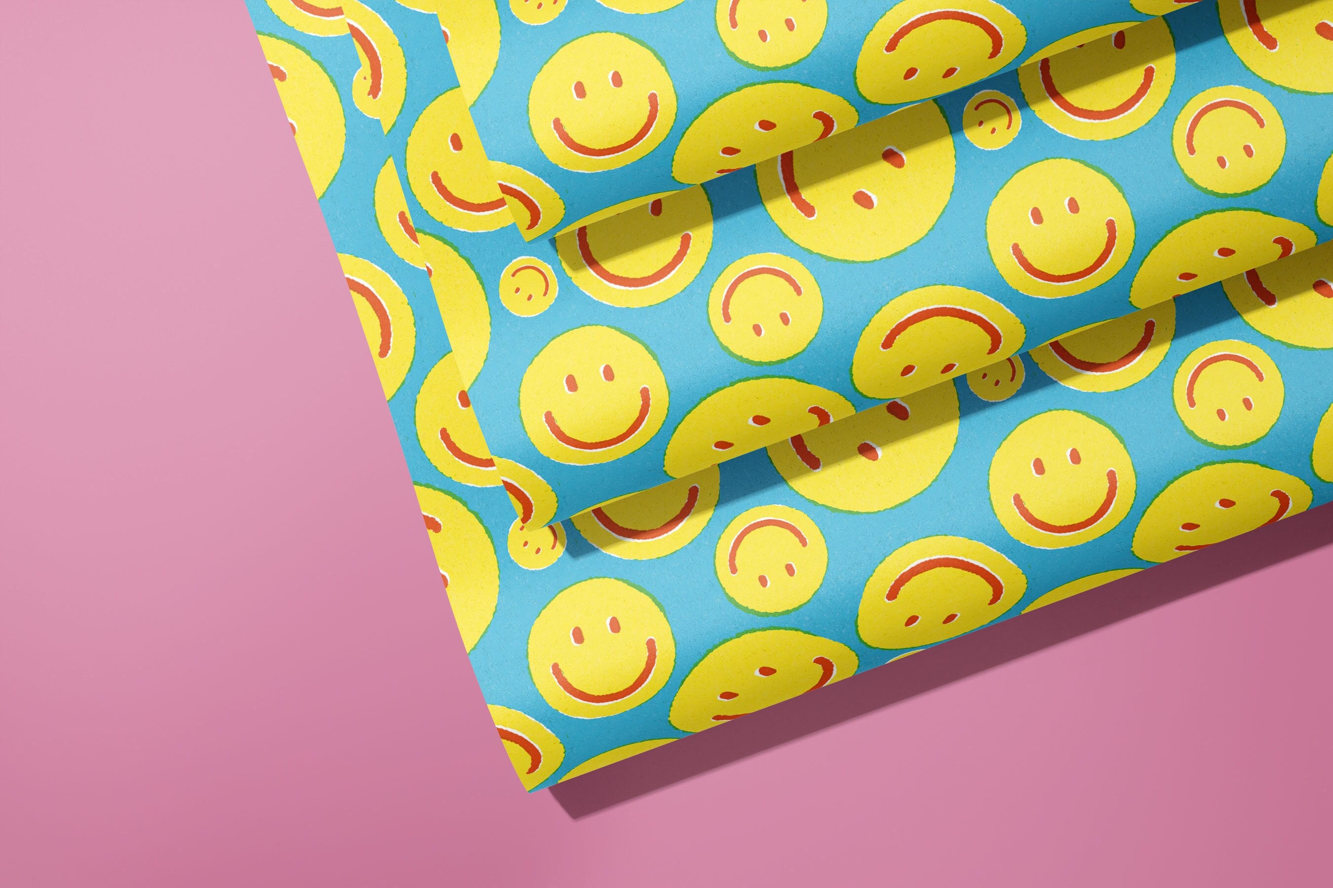 Blue Smiley Gift Wrap - Retro 90's Happy Face Pattern Wrapping