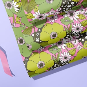 Pink and Green  vintage floral pattern wrapping paper - Retro floral Gift Wrap