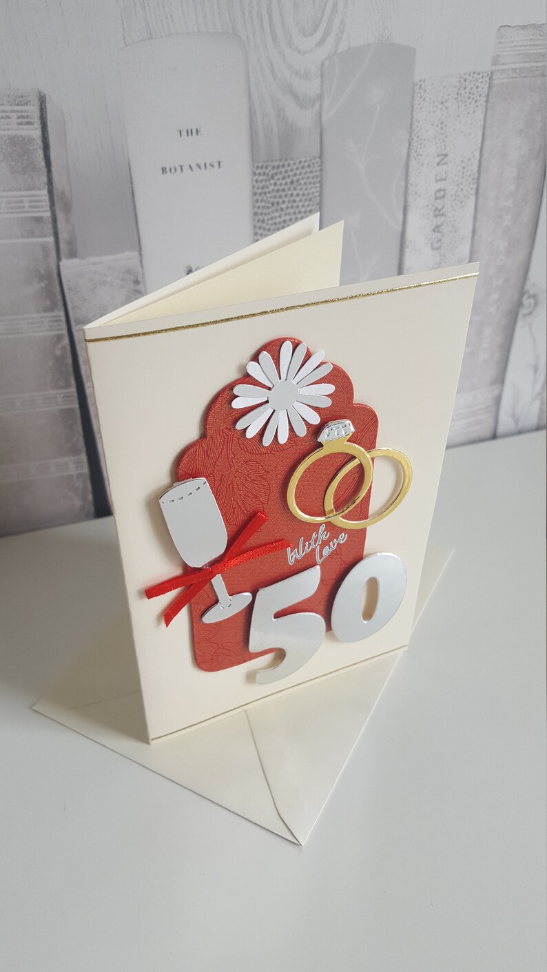 silver and gold on a cream card golden 50th wedding anniversary card in red