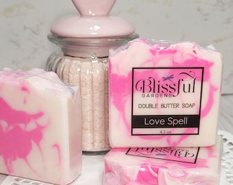 Love Spell like scent. Handmade soap made with skin loving ingredients like shea butter, cocoa butter and coconut oil makes a great gift