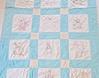 Baby QUILT CUTTER Tattered Antique Vintage Quilt - Blue White Baby Zoo Animals  CRAFTING