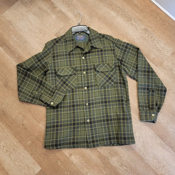 Pendleton Board Shirt, Vtg 60s 70s, Mens Olive Plaid M Beach Boys Camp Virgin Wool USA