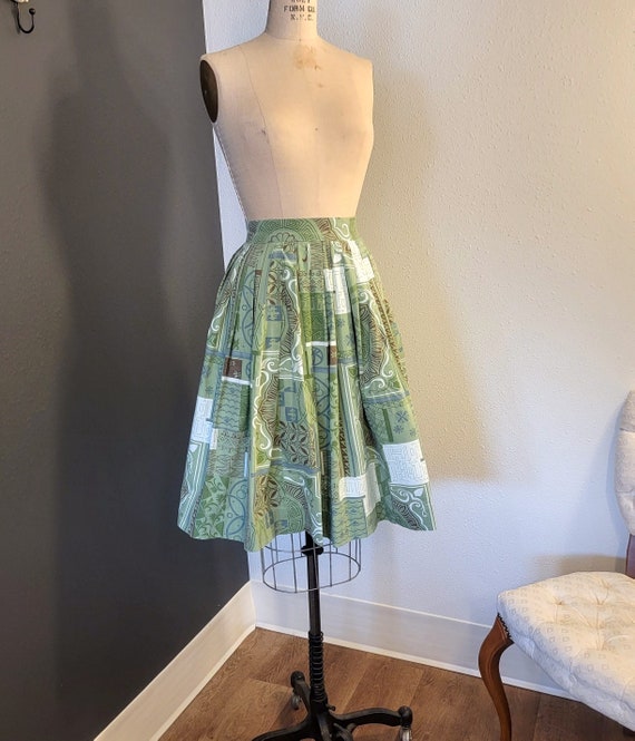 Gathered Skirt, 50s ROCKABILLY Vintage Green Print