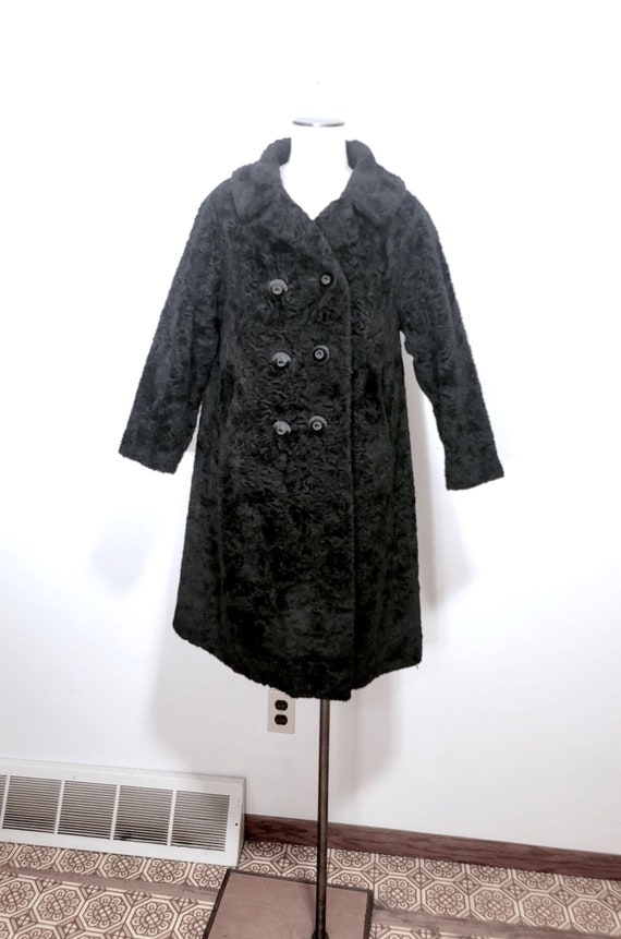 Vintage Coat, Woman's Black Faux Fur -  Curly Lamb