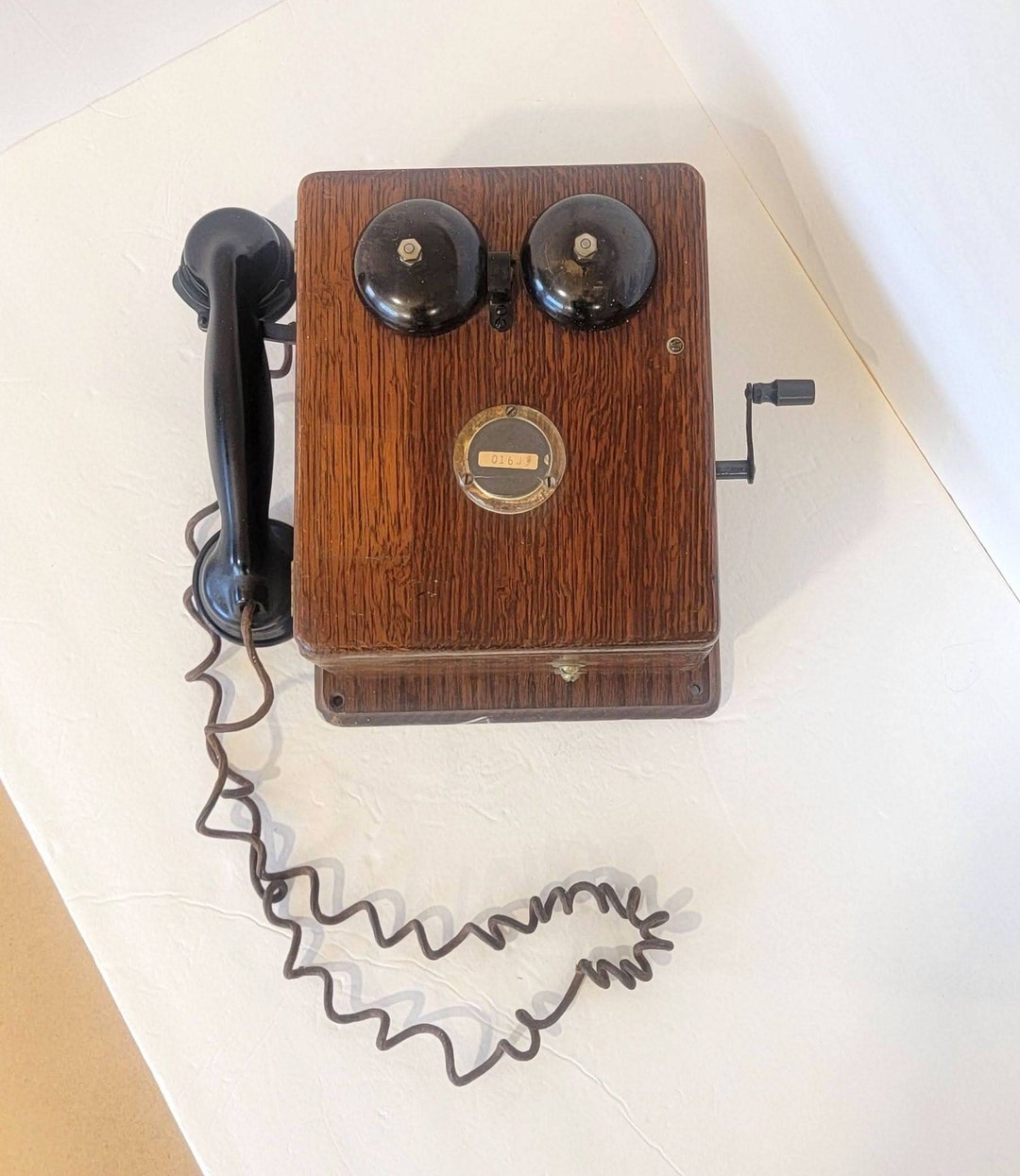 Antique Wooden Oak Wall Telephone, Phone Ringer, Hand Crank, Handset ...