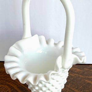 Vintage Fenton Milk Glass Hobnail Basket – Ruffled Edge 6” White Flower Basket- Free US Shipping
