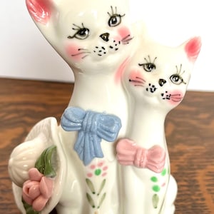 Vintage Cat Couple Figurine – Pink & Blue Bows – Glazed Ceramic or Porcelain – 5” Tall – Kitsch Animal Lovers Decor- Free US Shipping