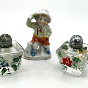 Charming Mid-Century Japan Set Occupied Japan Figurine of Bot and His Puppy and Mini Handpainted Salt & Pepper Shakers
