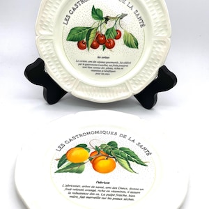 Set of 2 Gien Les Gastronomiques De Santé Canapé Plates – Cherry & Apricot Patterns – France, 1990s - Free US Shipping