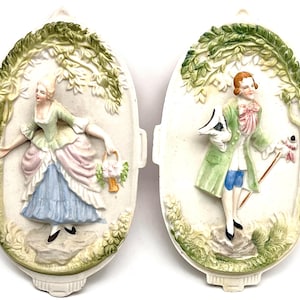 Vintage Chase Bisque Porcelain Victorian Couple Wall Art – Made in Occupied Japan – Hand Painted – 1940s, Free US Shipping