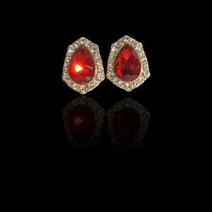 Monet • Ruby Red Halo Teardrop Crystal Stud Clip on Earrings • New on gold display card