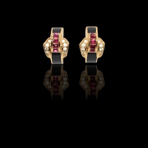 DIOR • Gold Plated & Black Enamel Clip On Earrings with Ruby Swarovski Crystals • Very Good Condition • Vintage