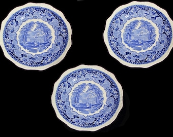 3 Vintage Mason's "Vista" blauwe transferware saladeborden 7 7/8" Engeland