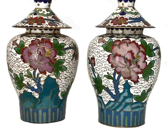 Pair Chinese Cloisonne Lidded Vases